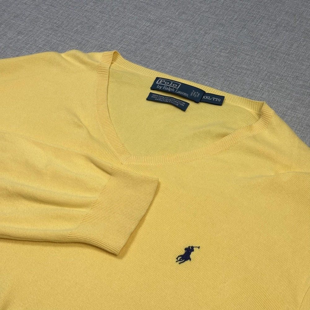 Polo Ralph Lauren V-Neck Sweater‎ Pullover Mens 2XL Yellow Cotton Pima Logo